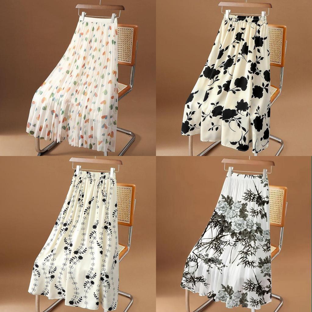 Abstract Ink Brush Printed Midi Skirt With Stretch Fabric For Plus Size Women