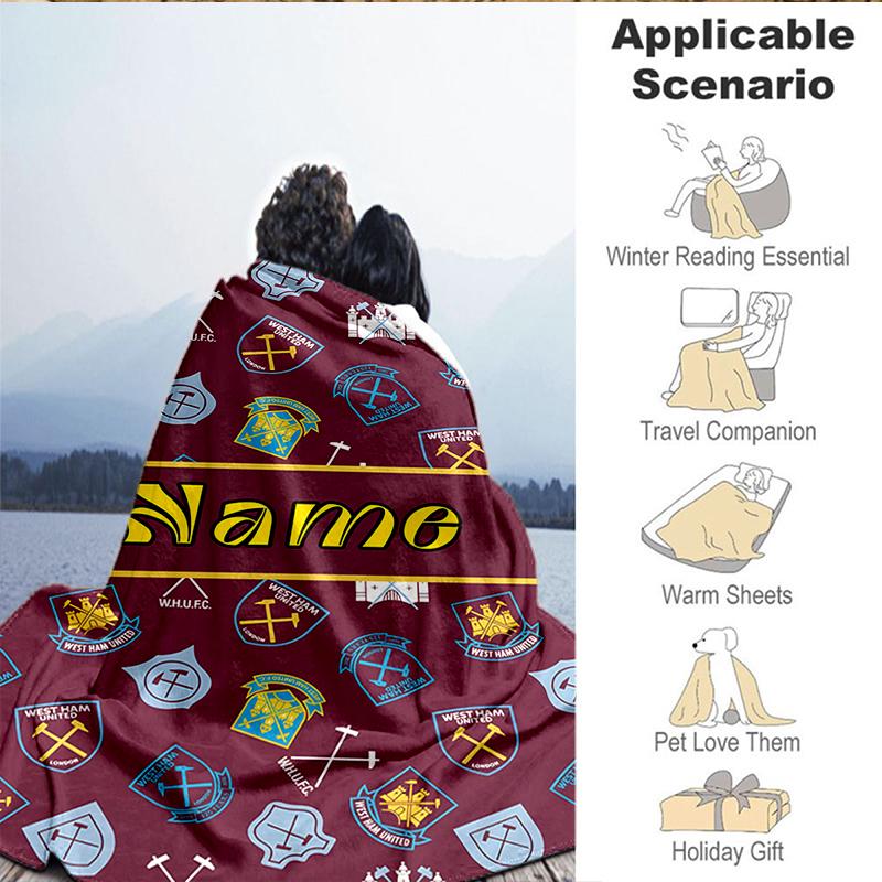 Custom Name West Ham Crests Pattern Blanket Lightweight Ideal Bedding Blanket Perfect for Travel, Camping, Living Rooms, Sofas, Christmas gift