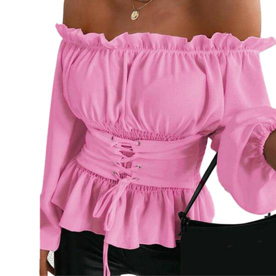 Женская рубашка без плеч с гофрированными рюшами и открытой спиной с узкой талией на шнуровке с длинными рукавами-фонариками однотонный женский весенний топ без воротника