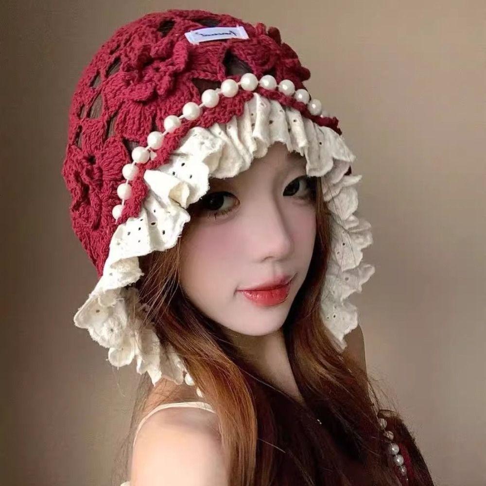 Hollow Out Lace Beanies Pearl Tassels Knit Cap Casual Crochet Flower Knitted Hat Girls