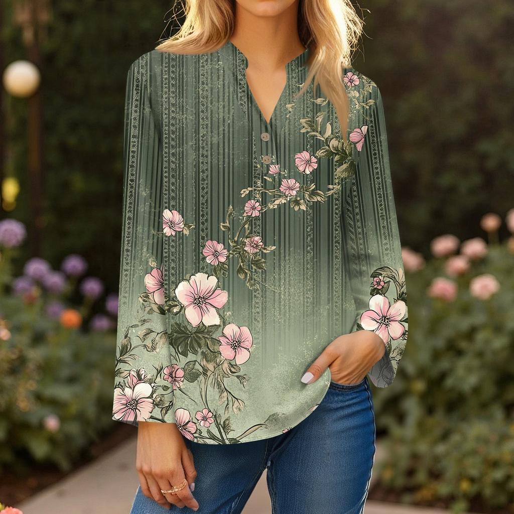 Женская модная и повседневная рубашка с длинным рукавом, V-образным вырезом, на пуговицах, с принтом, блузка, топ