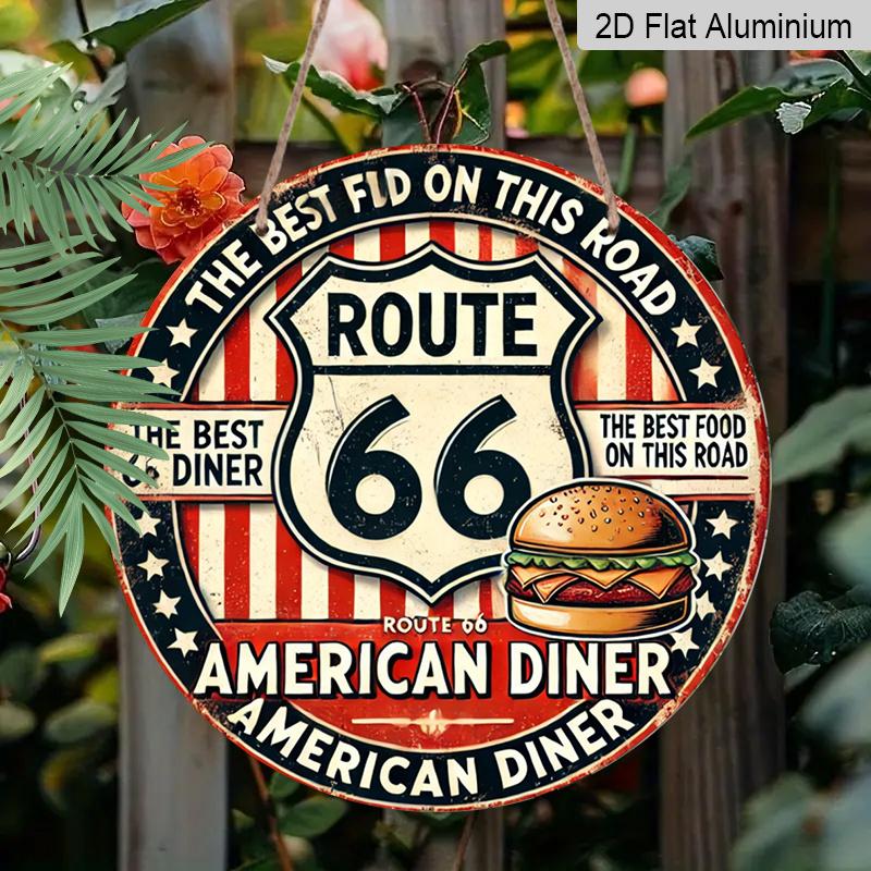 2D плоский 1 шт., 8x8 дюймов, Винтажная металлическая табличка Route 66 - Прочный алюминий, Американский ретро-декор для закусочной с классическим дизайном гамбургера, Идеально для дома