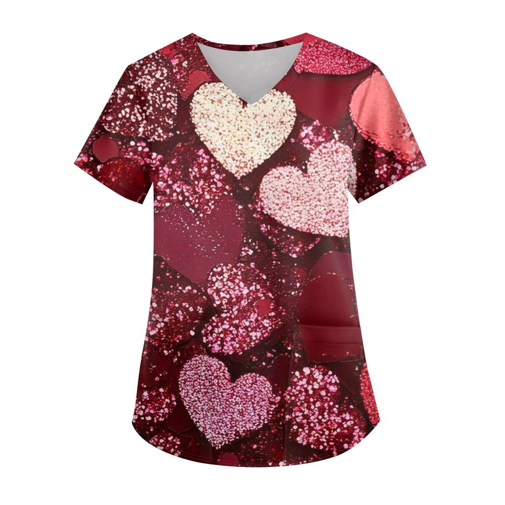 Женская модная футболка с V-образным вырезом, карманом и короткими рукавами с принтом ко Дню святого Валентина, униформа и топ для воспитателя