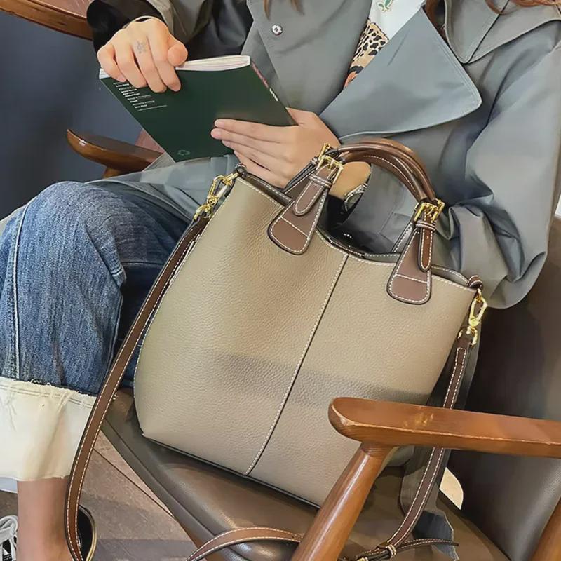 2023 Women's Genuine Leather Bucket Bag - Trendy Large-Capacity One-Shoulder Tote & Commuter Handbag