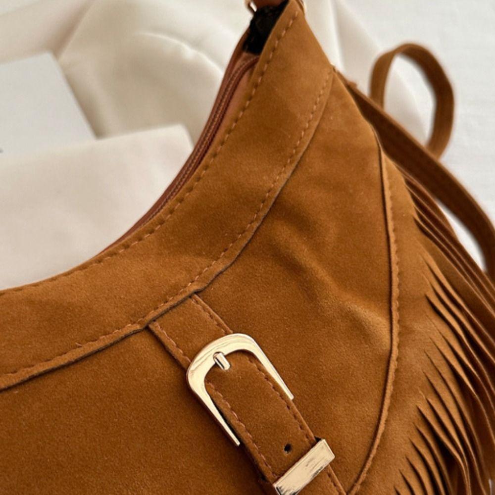 Korean Style Tassel Shoulder Bag Solid Color Underarm Packs Cute Suede Handbag Outdoor