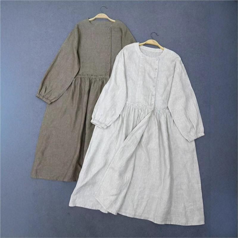 Johnature Весенне-осеннее платье с круглым вырезом и оборками для женщин, свободное повседневное винтажное платье для женщин