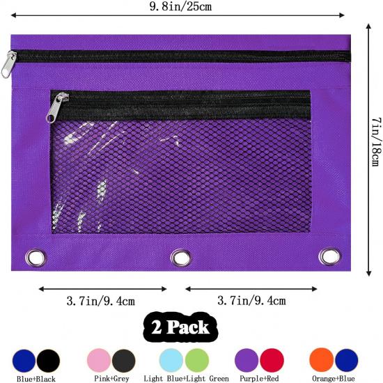 3 Ring Binder Pencil Pouch, 2 Pack Pencil Pouches with Zipper-Pencil Case with Double Pocket and Mesh Window (Purple&Red)