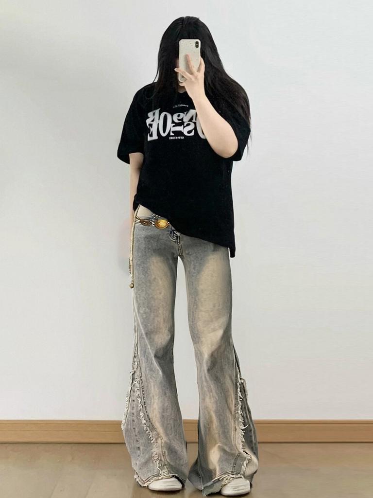 American retro Spice Girl micro-pull jeans women's spring, autumn and summer design feeling rough edge slim-fitting trousers