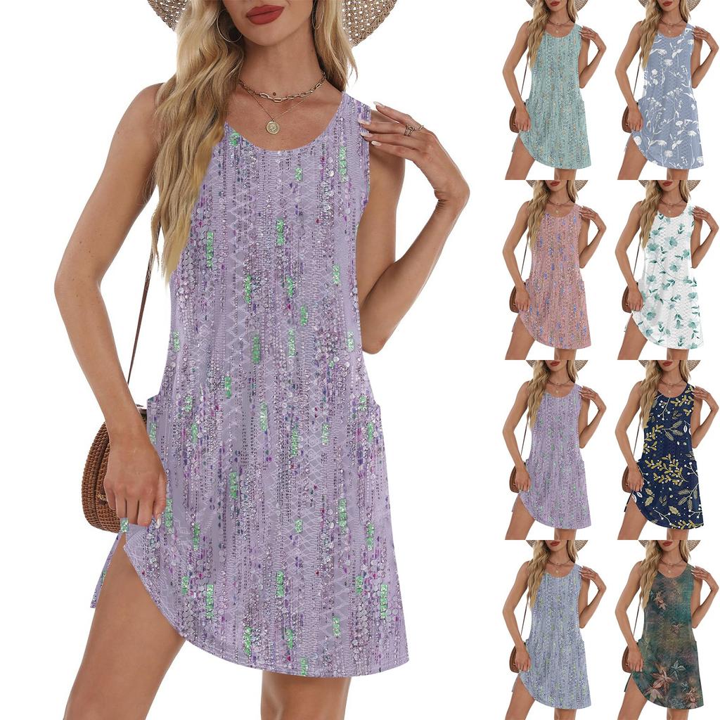 Женский повседневный сарафан с карманами, летнее пляжное платье в стиле бохо, футболки, платье с V-образным вырезом, свободные платья-майки