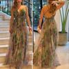 Women's Mesh Spaghetti Strap Maxi Dress Deep V Neck Backless Evening Dress Floral Printed Camisole Dress for Cocktail Party