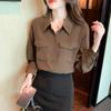 2024 Autumn Ladies' Coffee Color Polo Collar Long Sleeve Shirt