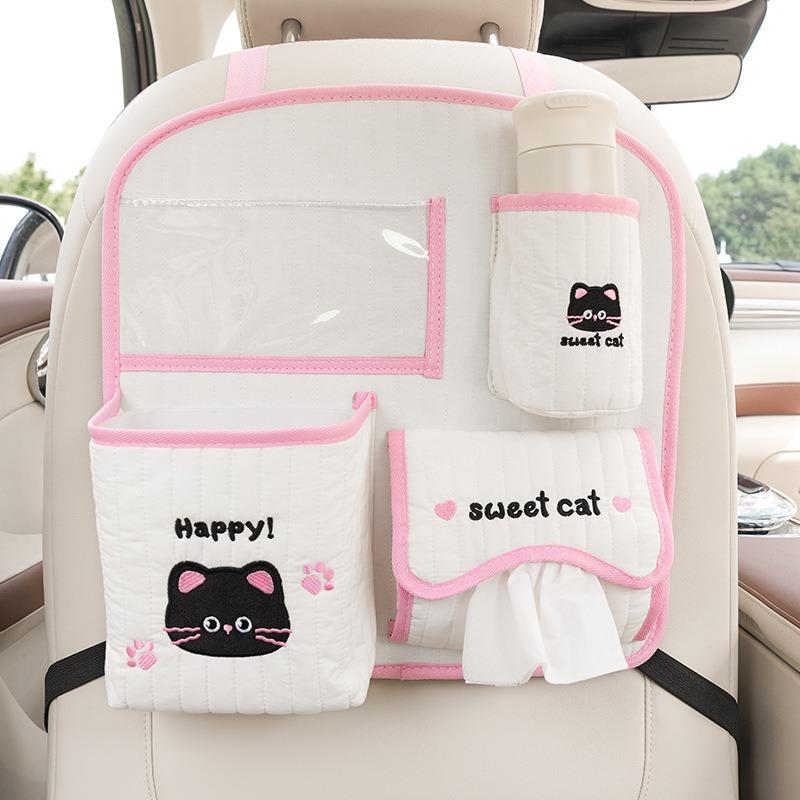 Cartoon Car Back Seat Organizer Fabric Multifunctional Large Capacity Cute Car Trash Bin Tissue Box