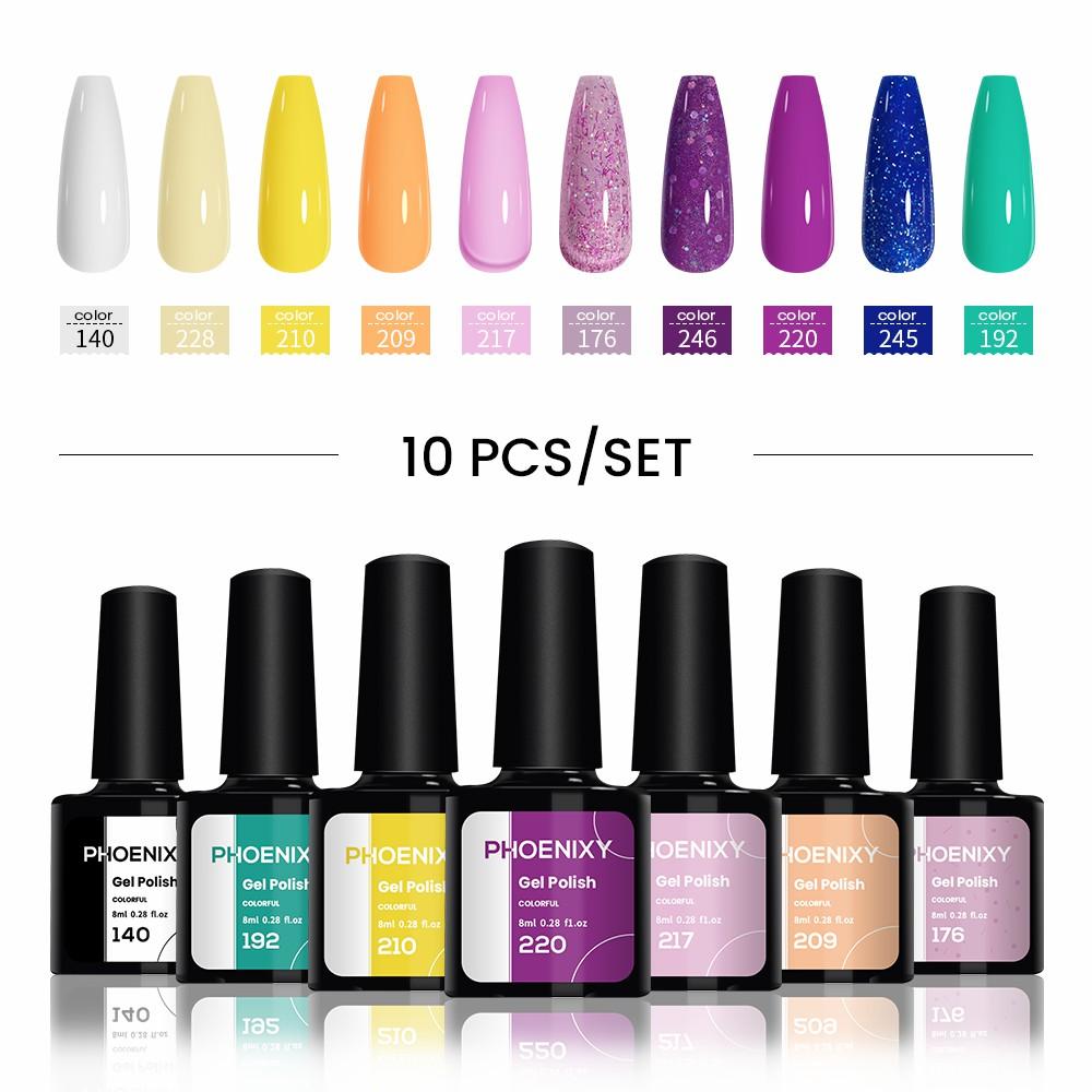 PHOENIXY Набор гель-лаков 10 цветов Soak Off Гель-набор с чистым цветом для дизайна ногтей Стартовый набор для начинающих для самостоятельного маникюра дома