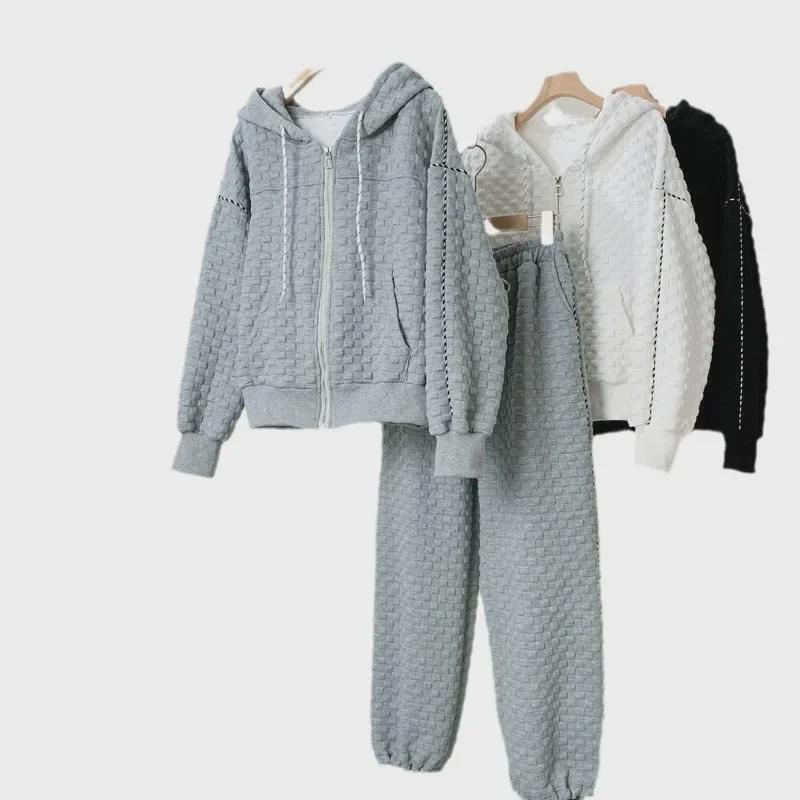 Весенне-осенний свободный спортивный комплект с капюшоном — антивозрастной, повседневный стиль, с длинными рукавами, большого размера