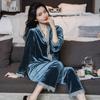 Womens Velvet Pajamas Set Long Sleeve Button Up Sleepwear Soft Two Piece Lace Ruffles Autumn Winter Spring