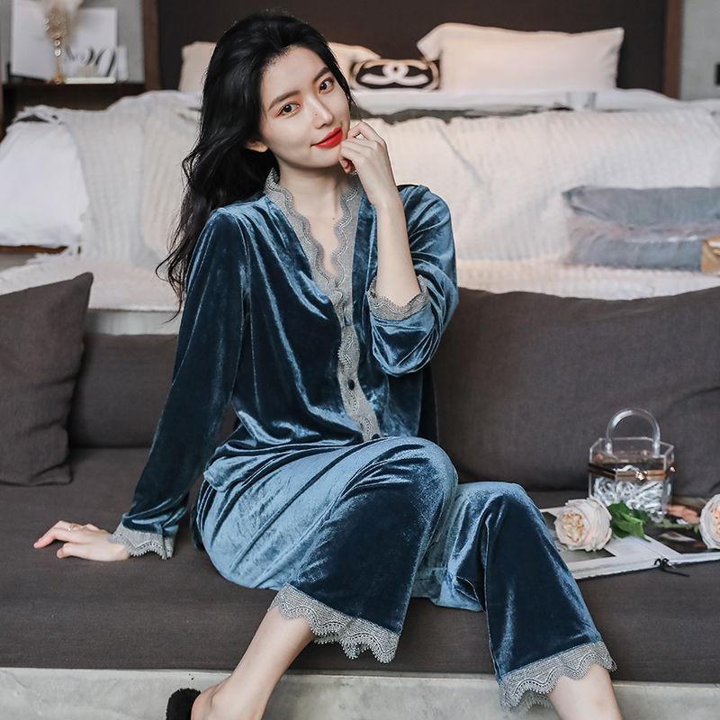 Womens Velvet Pajamas Set Long Sleeve Button Up Sleepwear Soft Two Piece Lace Ruffles Autumn Winter Spring