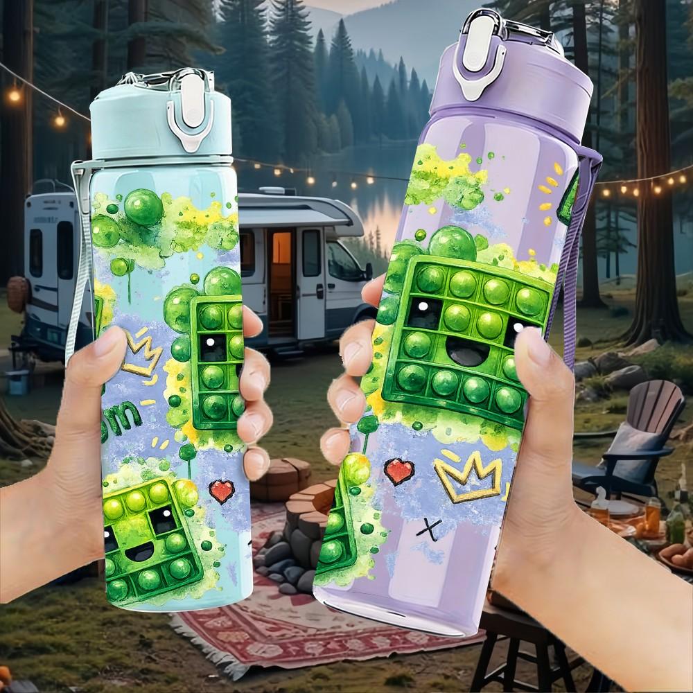 1PC Pixel Creeper Game Character Block Print 750ml Color Plastic Sports Water Bottle Leakproof Flip Straw Lid Suitable for Sports Office Home Use