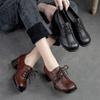 Retro Women Shoes Med Heels Solid Color Pumps Genuine Leather Round Toe Handmade Lace-up Shoes