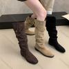 Модные замшевые ботфорты Comemore для женщин 2025 Новая осень Ретро Плиссированные Модные туфли на массивном каблуке для женщин Однотонные высокие ботфорты Femininas