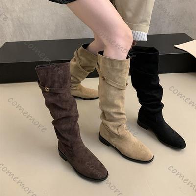 Модные замшевые ботфорты Comemore для женщин 2025 Новая осень Ретро Плиссированные Модные туфли на массивном каблуке для женщин Однотонные высокие ботфорты Femininas