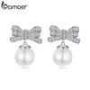 BAMOER Bow Earrings for Women Trendy White Gold Plated Pearl Drop Dangle Earrings Bowknot Stud Wedding Party Daily Jewelry Gifts