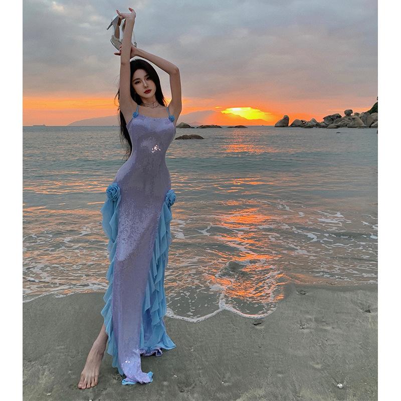 Sexy Split Sequin Suspender Dress Light Luxury High-end Birthday Party Dress Seaside Vacation Dress