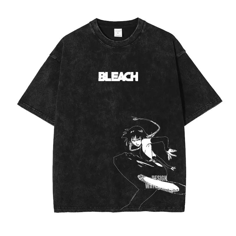 Anime B-Bleach T Shirts Vintage Washed Kurosaki Ichigo T-shirt Streetwear Manga Renji Zaraki Kenpachi Tops Tees Man