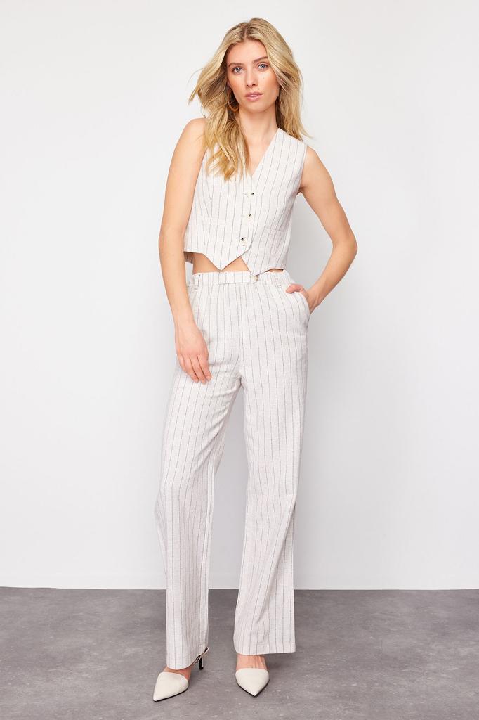 Женские стильные брюки Бежевые полосатые брюки прямого кроя из хлопчатобумажной и льняной ткани с эластичными карманами на талии
