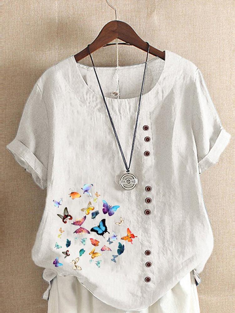 Женские топы с короткими рукавами и круглым вырезом с принтом бабочек, свободная хлопковая рубашка, повседневная блузка XS-5XL