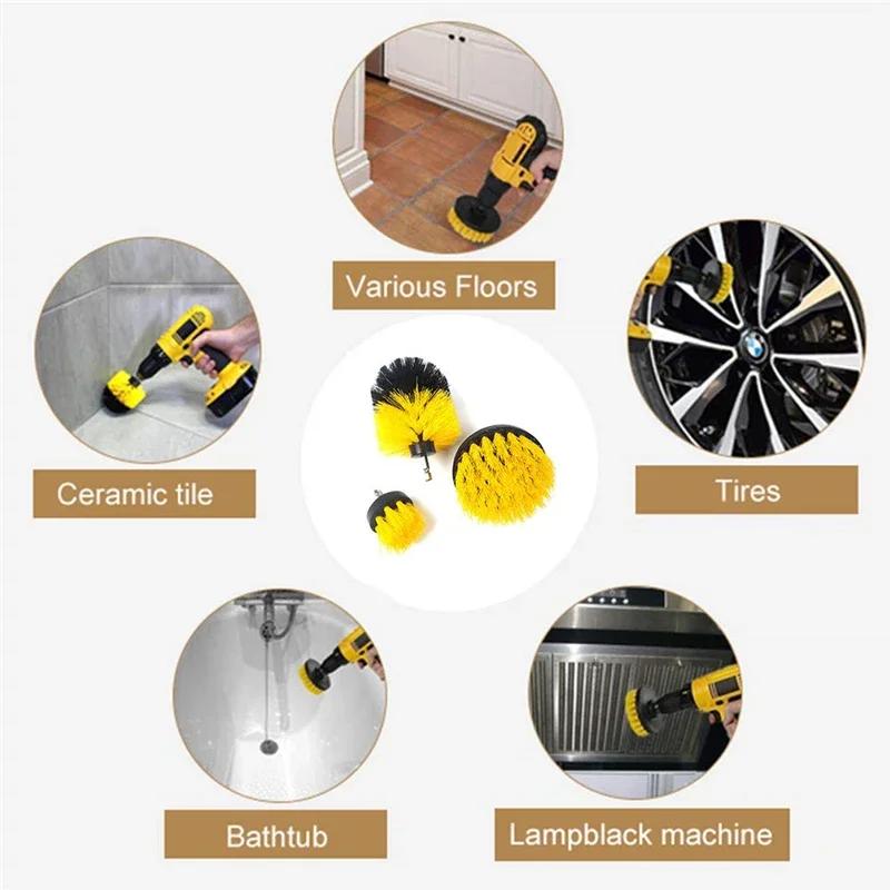 3Pcs Electric Scrubber Brush Drill Brush Kit Plastic Round Power Drills Cleaning Brush for Carpet Glass Car Tires Nylon Brushes