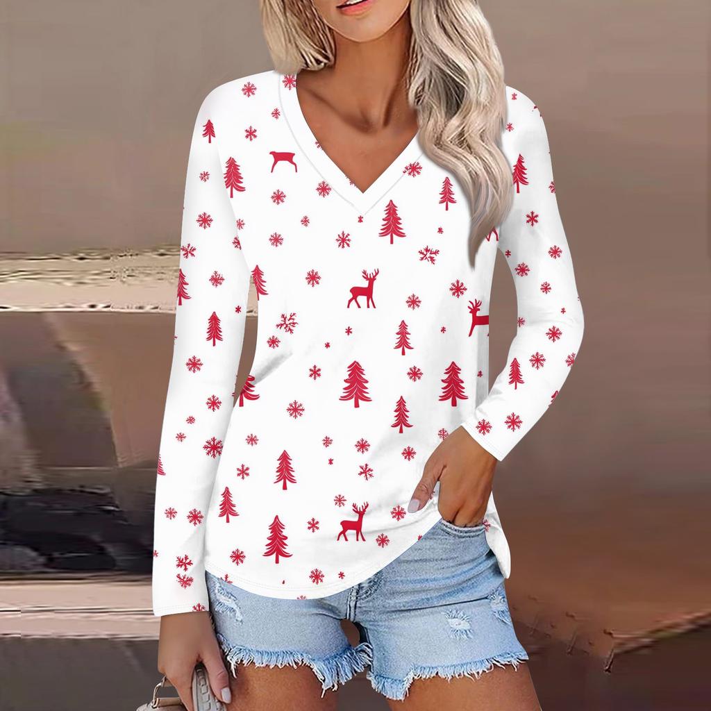 Women's Casual Fashion Sexy Comfortable Christmas Printed V-Neck Long Sleeve Top