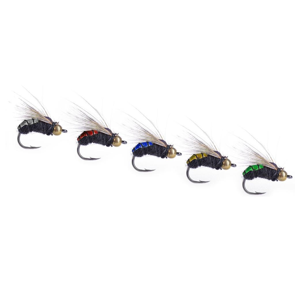 50 шт./кор., 5 цветов, ручная бионика, мушки для ловли нахлыстом для ручной ловли форели, окуня с натуральными перьями, ассортимент для ловли нахлыстом