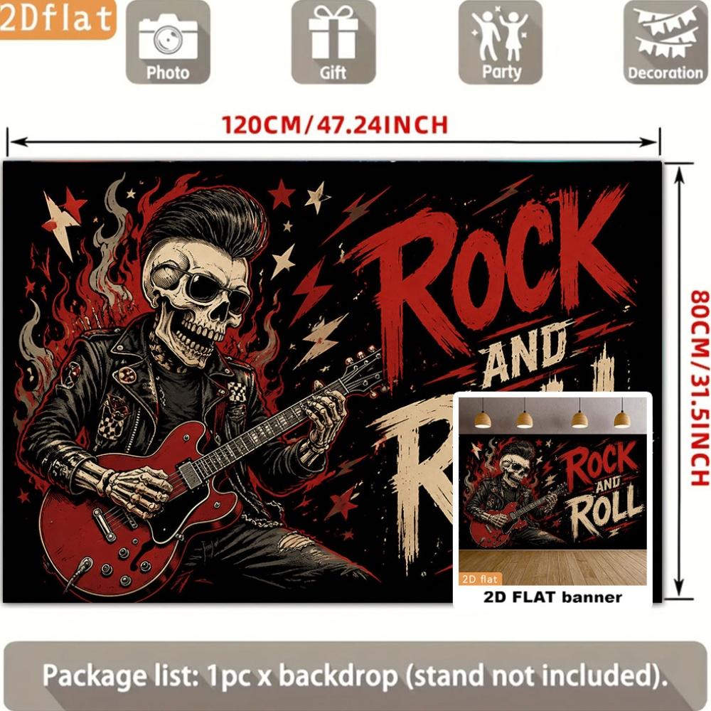 Rock and Roll Party Backdrop Banner, Guitar Playing Skull Music Notes, Polyester Photo Wall Decor for Indoor Outdoor Celebration Home