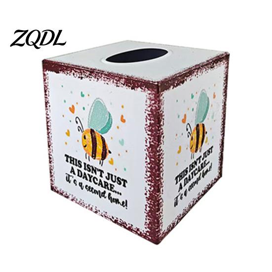 Farmhouse Style Paper Napkin Case Iron Art Square Tissue Box, Bee And Bird Watercolor Print Durable Waterproof Container Holder, Pastoral Decorative