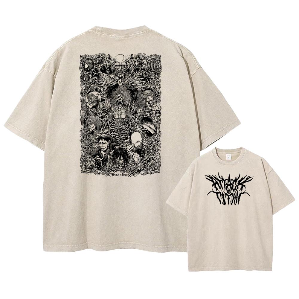 Футболка с принтом «Атака титанов» в стиле аниме, кислотная стирка, короткие рукава, уличные топы, винтажные футболки больших размеров для мужчин в стиле манга