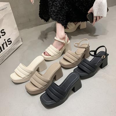 Шлепанцы на толстой подошве женские летние новые на толстом каблуке с квадратным носком летняя обувь на высоком каблуке сандалии с широкой полоской