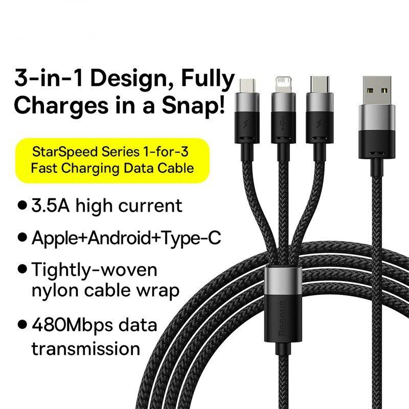 Baseus 3-в-1 USB-кабель Micro USB Type-C Быстрая зарядка Micro USB Type-C Кабель для передачи данных Для IP 14 13 Samsung Huawei