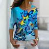 Women Autumn Tops Loose Light Blue Butterfly Print Causal Long Sleeve T-shirt Top Blouse