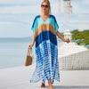Plus Size Boho Cover Up, Women's Plus Painting Print Bat Sleeve V Neck Split Hem Maxi Cover Up Dress