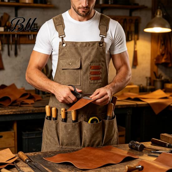Men Women Work Apron with Pockets & Tool Strap, Heavy Duty for Professional Woodworking Shop Gardening Mechanical Repair, Waterproof Utility
