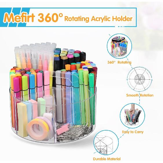 Acrylic Pen Holder, 360 Degree Rotating Pen Organizer, Rotating Desk Acrylic Office Organizer with 6 Compartments, Marker Organizer for Kid, Crayon