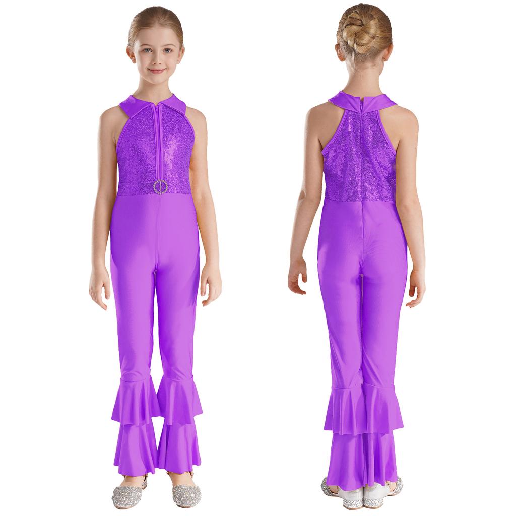 Kids Girls Unitards Bodysuit Sleeveless Tiered Bell-bottom Pants Style Dance Gymnastic Leotard Jumpsuit