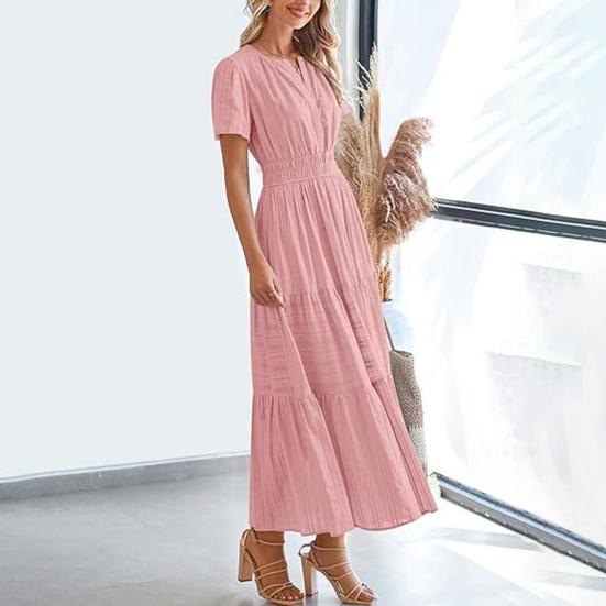 Женское летнее платье макси, повседневное платье с V-образным вырезом, коротким рукавом, многослойное струящееся платье, присборенная талия, плиссированное длинное платье