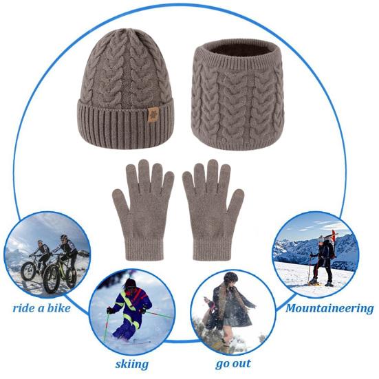 3Pcs/Set Men Hat Scarf Gloves Set Solid Color Twist Texture Brimless Hat Neckerchief Knitting Gloves Set Winter Accessories