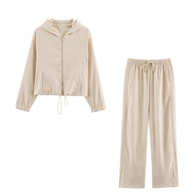 PBZA Style Tracksuit Set Womens Solid Color Hooded Jacket Drawstring Wide Leg Pants Casual Sportswear