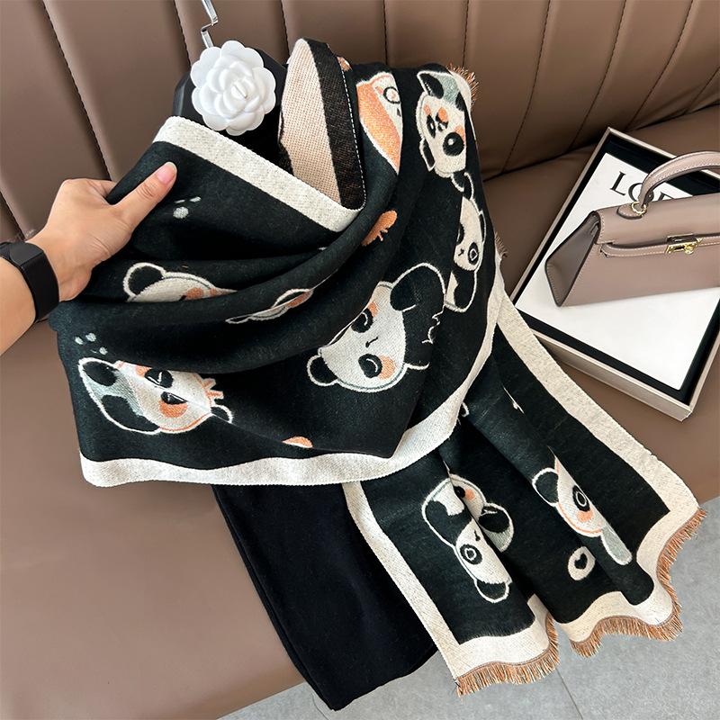 Winter New Cute Panda Scarf Double Sided Imitation Cashmere Shawl Versatile Fashion Thickened Warm Scarf