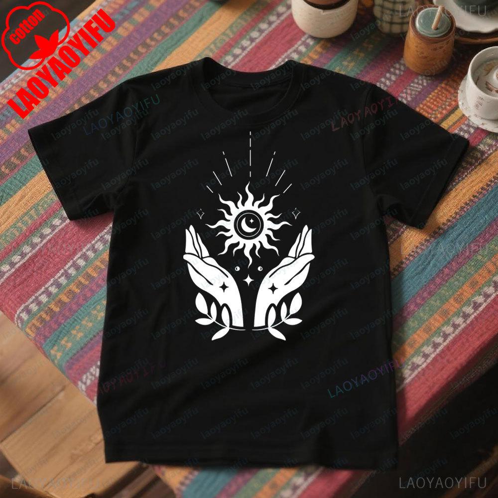 Boho Sun Moon Hands Nature TShirt Celestial Graphic Tee Men Women Casual Crewneck Cotton Shirt Creative Pattern Streetwear