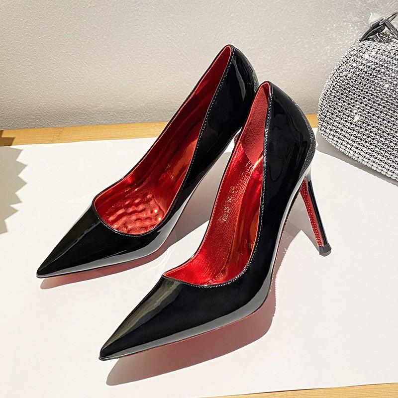 Nude waterproof table high heels women's stiletto 2026 new versatile temperament pointed single shoes sexy patent leather red soles