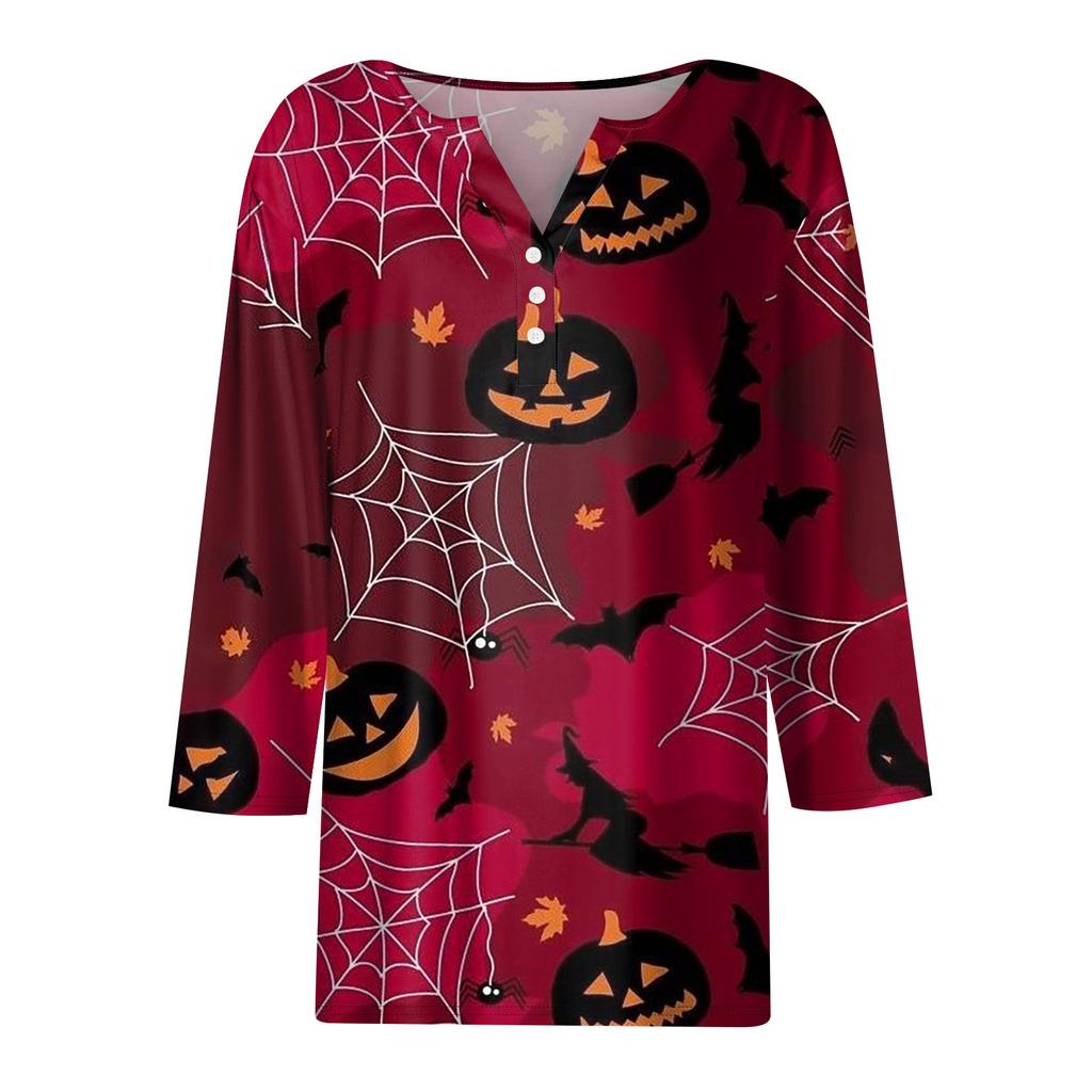 3/4 Length Sleeve Womens Tops Floral Halloween Print Vintage Fashion Casual Loose With V Neck Plus Size Shirts