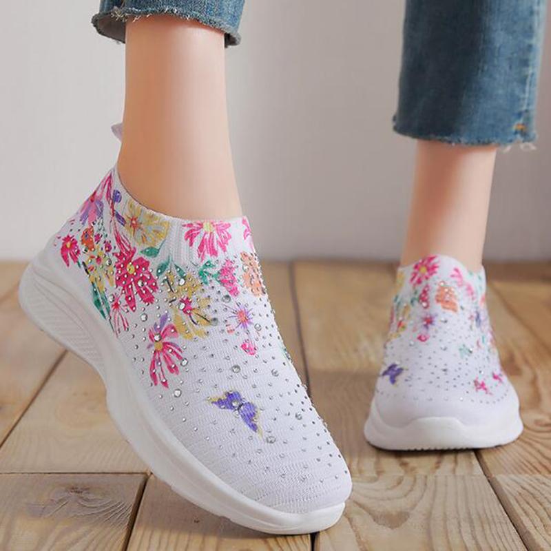Женские туфли на плоской подошве с цветочным принтом, большие размеры, блестящие дышащие сетчатые лоферы с кристаллами, женские прогулочные туфли без шнуровки